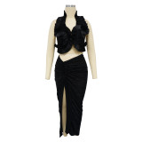 Black Sleeveless Slit Ruffle Pleated Skirt Two-Piece Set