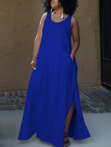 Blue Sleeveless Pocket Round Neck Women's Plus Size Dress