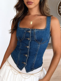 Blue Denim Button-Down Suspender Vest