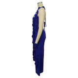 Blue Sexy Backless Lace-Up Long Top Wide-Leg Pants Fashionable Two-Piece Suit