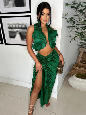 Green Sleeveless Slit Ruffle Pleated Skirt Two-Piece Set