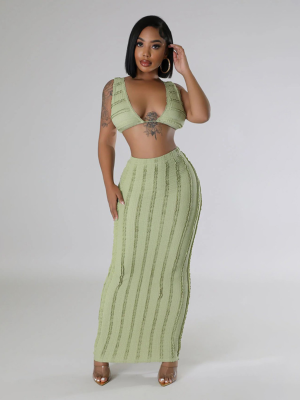 Green Sleeveless Lace-Up Backless Skirt Sexy Two-Piece Suit