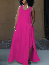 Rose Red Sleeveless Pocket Round Neck Women's Plus Size Dress