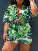 Fashion Printed Shirt Collar Short Sleeve Lace-Up Shorts Two-Piece Set