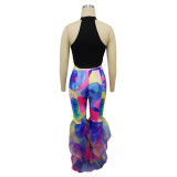 Tie-Dye Print Ruffled Flared Trousers