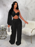 Black One-Shoulder Pleated Casual Wide-Leg Pants Solid Color Two-Piece Suit