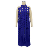 Blue Sexy Backless Lace-Up Long Top Wide-Leg Pants Fashionable Two-Piece Suit