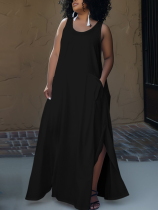 Black Sleeveless Pocket Round Neck Women's Plus Size Dress