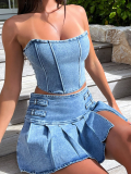 Blue Sexy Denim Sleeveless Tube Top Navel-Baring High Waist Slit Skirt Two-Piece Set