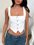 White Buttoned Fashionable Suspenders Short Denim Vest