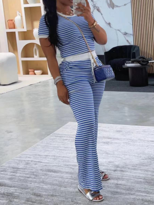 Blue Stylish Striped Casual Pocket Waist Cord Two-piece Set