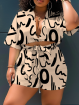 Fashion Printed Shirt Collar Short Sleeve Lace-Up Shorts Two-Piece Set