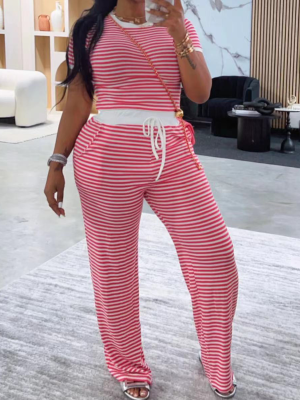 Red Stylish Striped Casual Pocket Waist Cord Two-piece Set