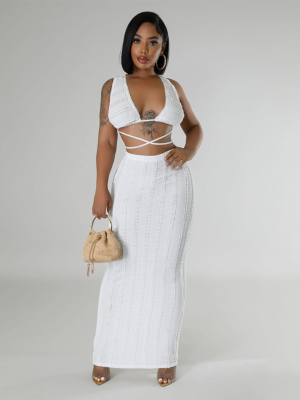 White Sleeveless Lace-Up Backless Skirt Sexy Two-Piece Suit