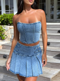 Blue Sexy Denim Sleeveless Tube Top Navel-Baring High Waist Slit Skirt Two-Piece Set