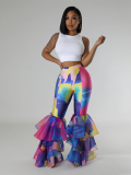 Tie-Dye Print Ruffled Flared Trousers