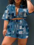 Fashion Printed Shirt Collar Short Sleeve Lace-Up Shorts Two-Piece Set