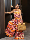 Orange Printed Halter Neck Open Back Loose Casual Jumpsuit