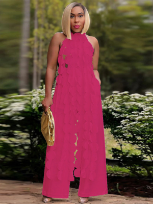 Rose Red Sexy Backless Lace-Up Long Top Wide-Leg Pants Fashionable Two-Piece Suit