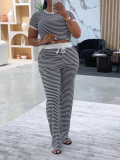 Black Stylish Striped Casual Pocket Waist Cord Two-piece Set