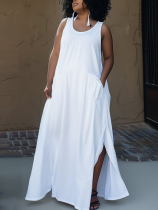 White Sleeveless Pocket Round Neck Women's Plus Size Dress