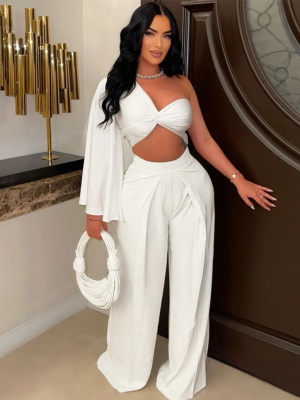 White One-Shoulder Pleated Casual Wide-Leg Pants Solid Color Two-Piece Suit
