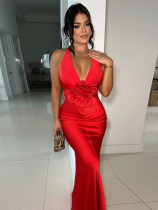Red Flower V-Neck Sleeveless Sexy Backless Dress