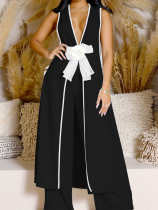 Black Sexy Camellia Bow Sleeveless Wide-Leg Pants Two-Piece Suit