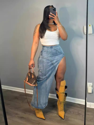 Blue Slim Fit Sexy Slit Stretch Denim Skirt