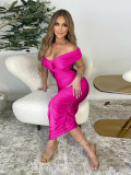 Rose Red Fashion Women's Sexy Solid Color V-Neck Pleated Dress