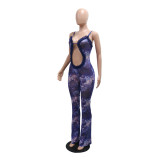 Blue Sexy See-Through Hollow Exposed Navel Slim Fit Slightly Flared Jumpsuit