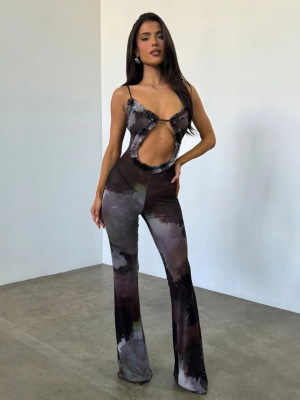 Black Sexy See-Through Hollow Exposed Navel Slim Fit Slightly Flared Jumpsuit