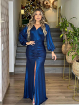 Blue High Slit Elegant Pleated Waist Fishtail Dress