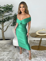 Green Fashion Women's Sexy Solid Color V-Neck Pleated Dress
