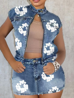 Blue Printed Stretch Denim Skirt Two-Piece Set