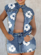 Blue Printed Stretch Denim Skirt Two-Piece Set