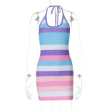 Stripe Print Sexy Halter Neck Backless Dress