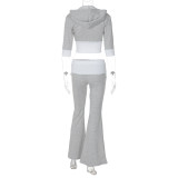 Gray Contrasting Zipper Hoodie Flared Trousers Fashionable Two-Piece Suit