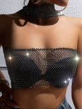 Black Summer New Mesh Rhinestone Tube Top Sexy Halter Neck Vest Top