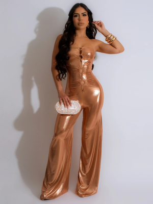 New Street Fit Metallic Tube Top Flared Jumpsuit