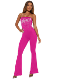 Rose Red Sexy Tube Top Solid Color Hot Diamond Jumpsuit
