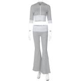 Gray Contrasting Zipper Hoodie Flared Trousers Fashionable Two-Piece Suit