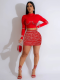 Red O-Neck Long Sleeve Perm Diamond Skirt Two-Piece Suit