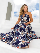 Blue Cross Strap Hollow Print Sexy Dress