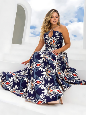 Blue Cross Strap Hollow Print Sexy Dress