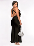 Black Flower V-Neck Sleeveless Sexy Backless Dress