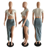 Blue Slim Fit Sexy Slit Stretch Denim Skirt