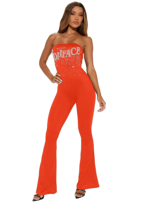 Orange Sexy Tube Top Solid Color Hot Diamond Jumpsuit