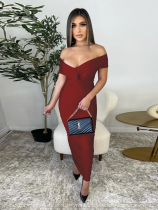Wine Red Fashion Women's Sexy Solid Color V-Neck Pleated Dress