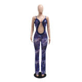 Blue Sexy See-Through Hollow Exposed Navel Slim Fit Slightly Flared Jumpsuit